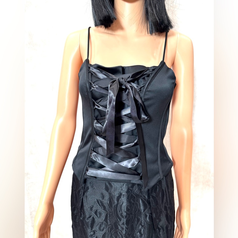 JS Collections Black Satin Lace-Up Crop Top
